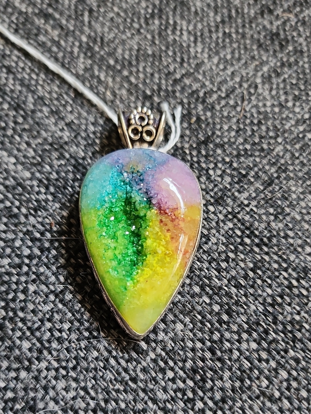 Multicolor Druzy Teardrop Pendant - Vibrant Rainbow Set In Sterling Silver